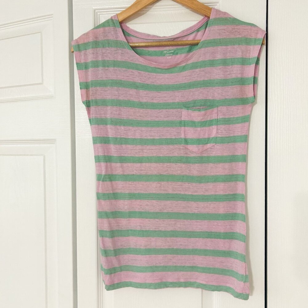 J.Crew Pink Green Striped Linen Pocket Tee Short Sleeve Size XXS EUC